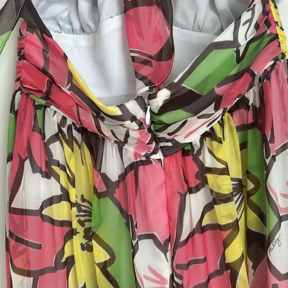 VTG MILLY OF NEW YORK 100% Silk Halter Drop Waist Dress Pink/Green Y2K Size 0 - Picture 6 of 11